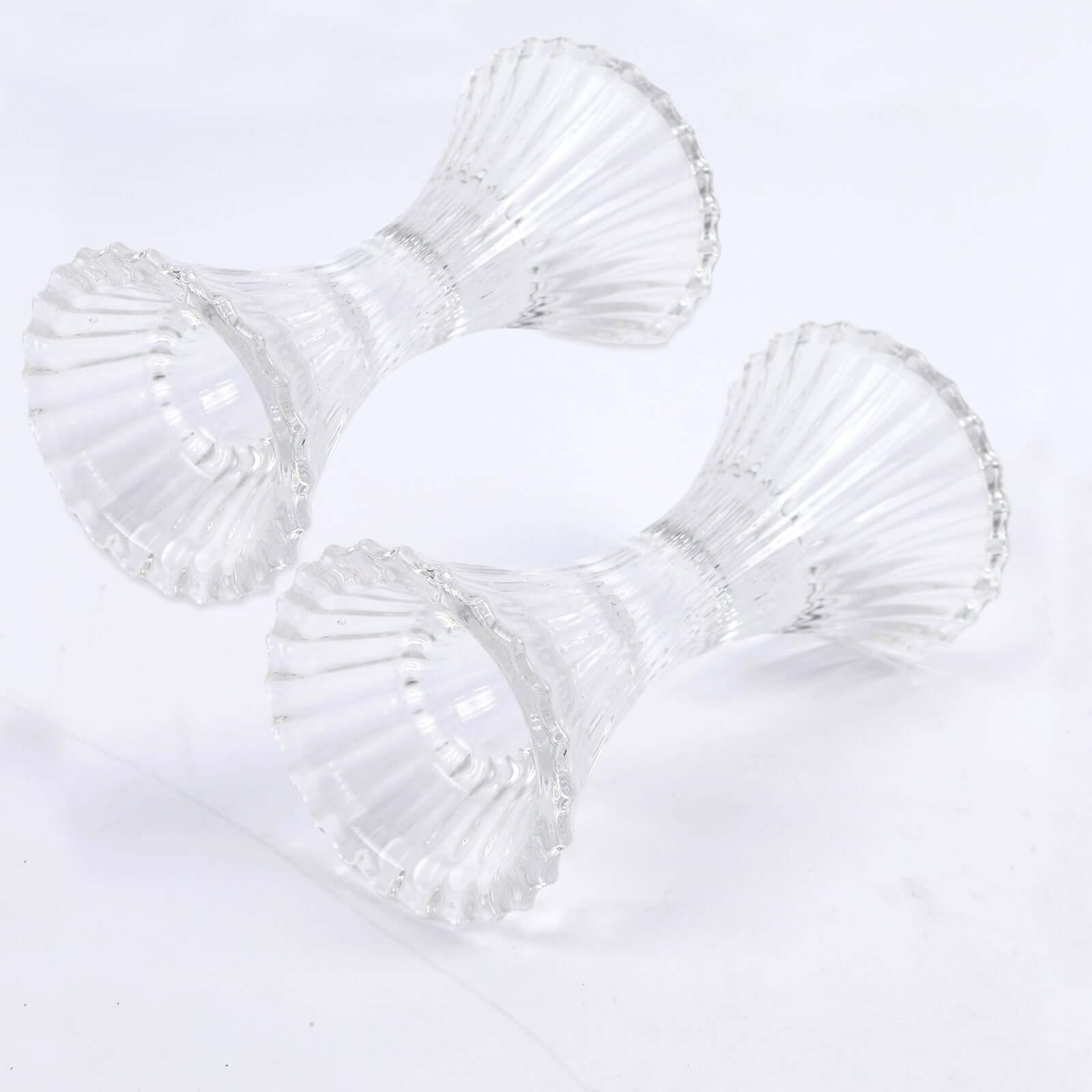 2 - Pack Crystal Pillar Candlestick Stands Hour Glass Design with Diagonal Stripes Clear - Reversible Taper Holders 5" - Bell Racket Store