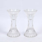 2 - Pack Crystal Pillar Candlestick Stands Hour Glass Design with Diagonal Stripes Clear - Reversible Taper Holders 5" - Bell Racket Store