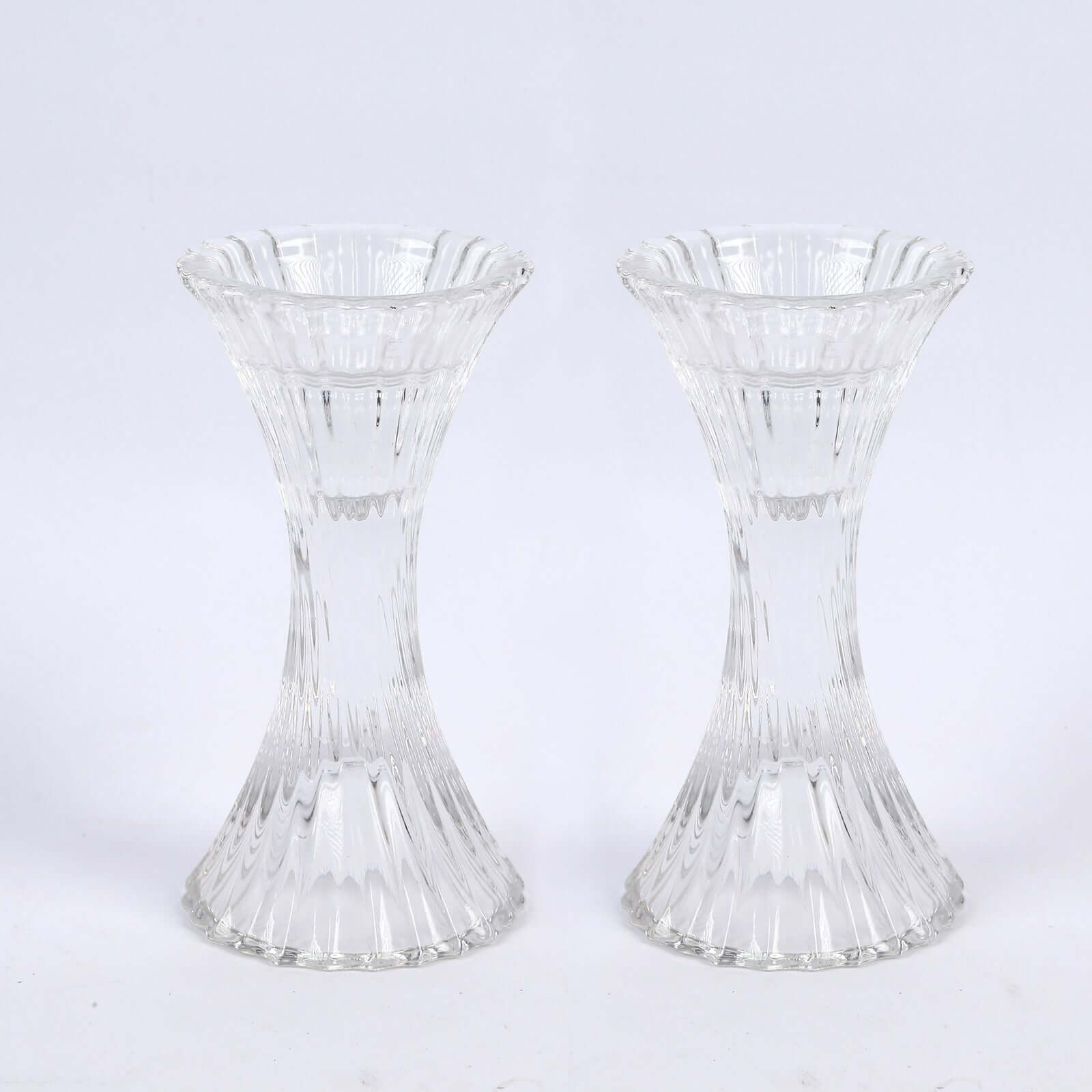 2 - Pack Crystal Pillar Candlestick Stands Hour Glass Design with Diagonal Stripes Clear - Reversible Taper Holders 5" - Bell Racket Store