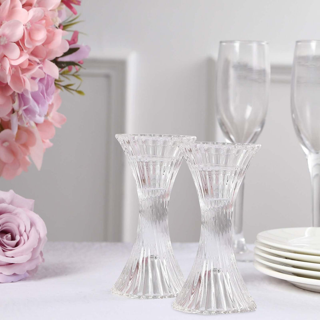2 - Pack Crystal Pillar Candlestick Stands Hour Glass Design with Diagonal Stripes Clear - Reversible Taper Holders 5" - Bell Racket Store
