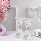 2 - Pack Crystal Pillar Candlestick Stands Hour Glass Design with Diagonal Stripes Clear - Reversible Taper Holders 5" - Bell Racket Store