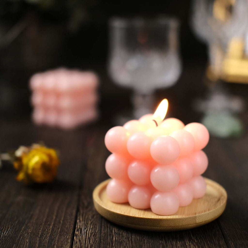 2 - Pack Decorative Paraffin Wax Candles Bubble Cube Design Blush - Unscented Long Burning Pillar Candle Set 2" - Bell Racket Store