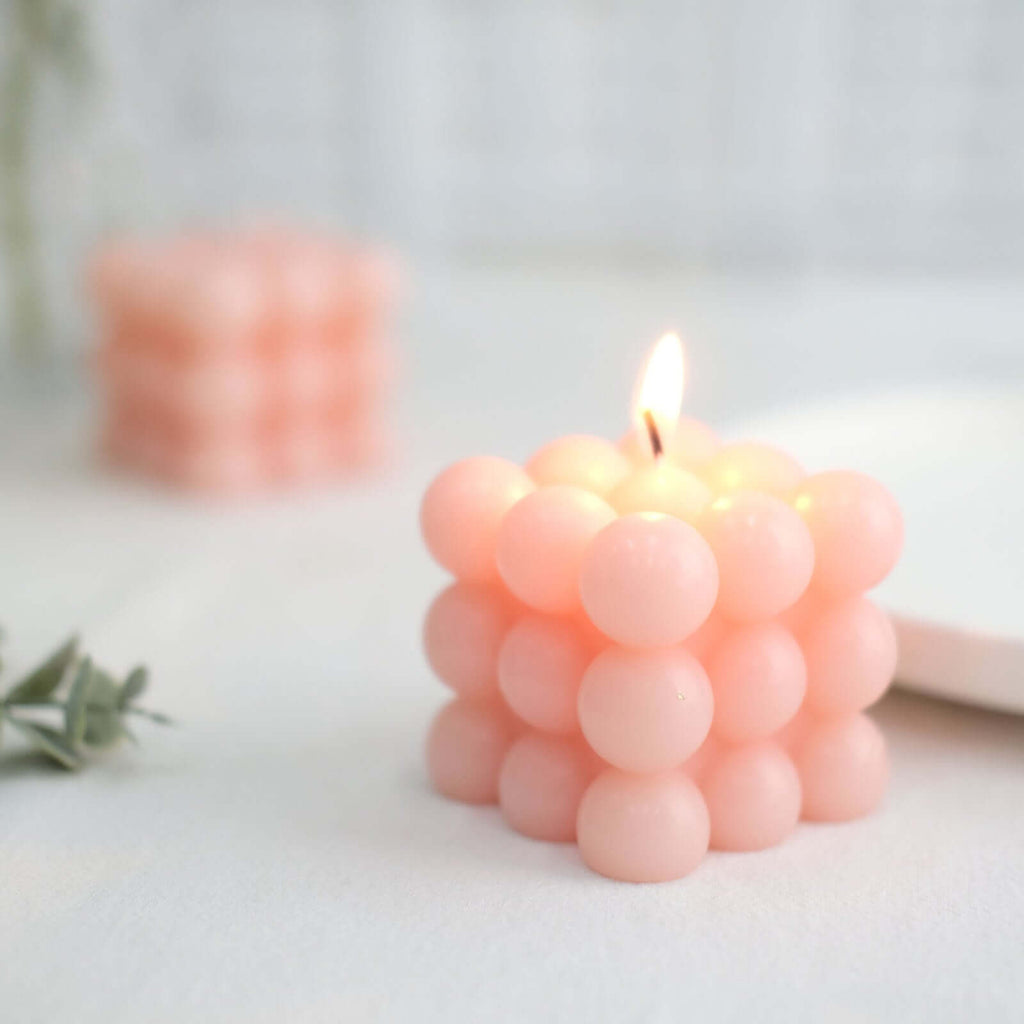 2 - Pack Decorative Paraffin Wax Candles Bubble Cube Design Blush - Unscented Long Burning Pillar Candle Set 2" - Bell Racket Store