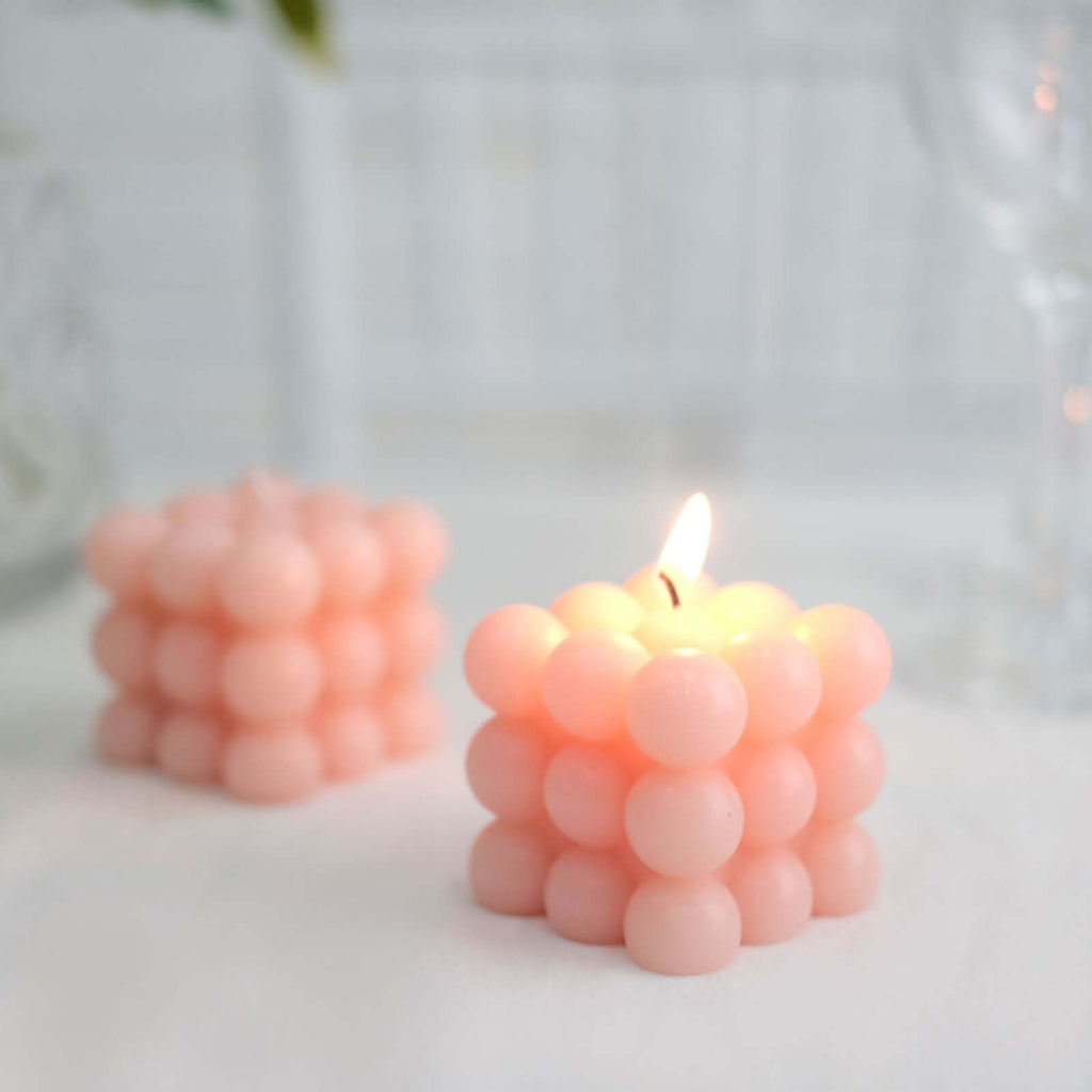 2 - Pack Decorative Paraffin Wax Candles Bubble Cube Design Blush - Unscented Long Burning Pillar Candle Set 2" - Bell Racket Store