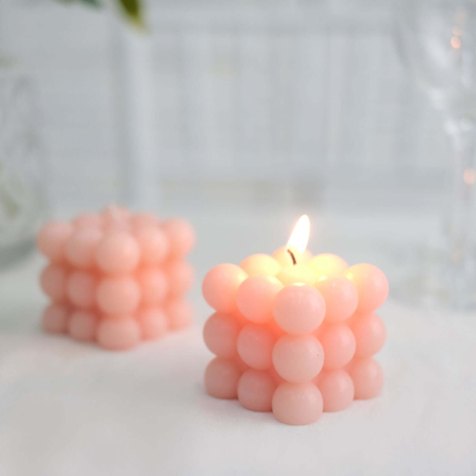 2 - Pack Decorative Paraffin Wax Candles Bubble Cube Design Blush - Unscented Long Burning Pillar Candle Set 2" - Bell Racket Store