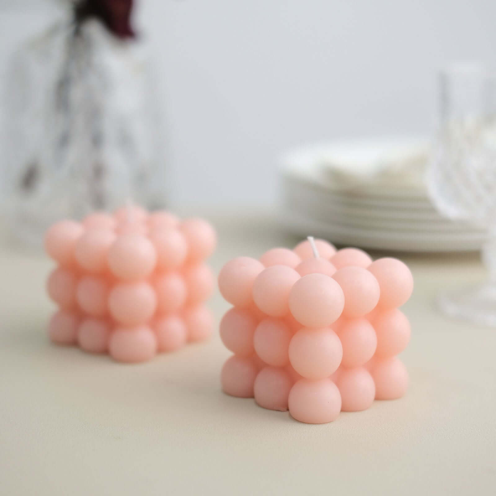 2 - Pack Decorative Paraffin Wax Candles Bubble Cube Design Blush - Unscented Long Burning Pillar Candle Set 2" - Bell Racket Store