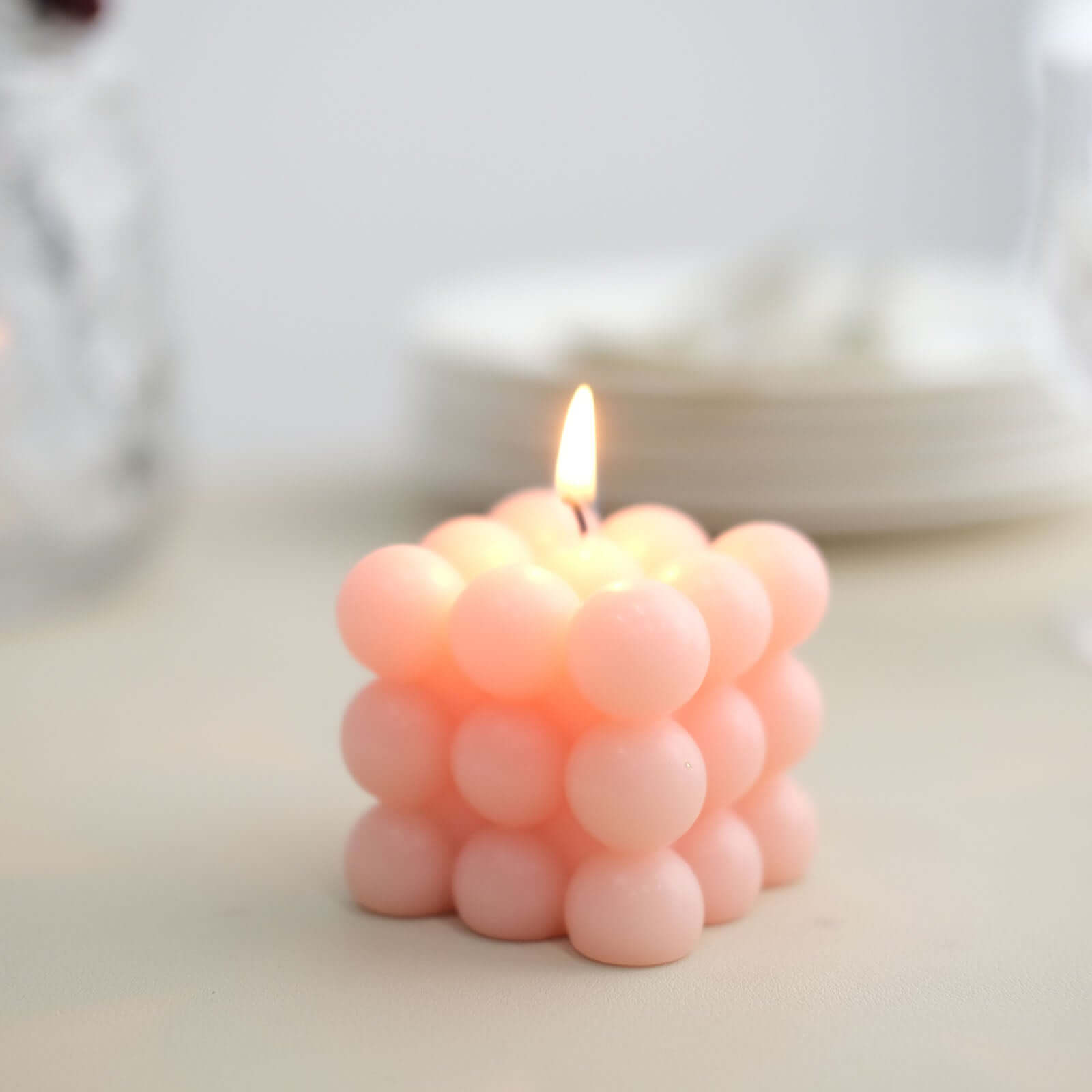 2 - Pack Decorative Paraffin Wax Candles Bubble Cube Design Blush - Unscented Long Burning Pillar Candle Set 2" - Bell Racket Store