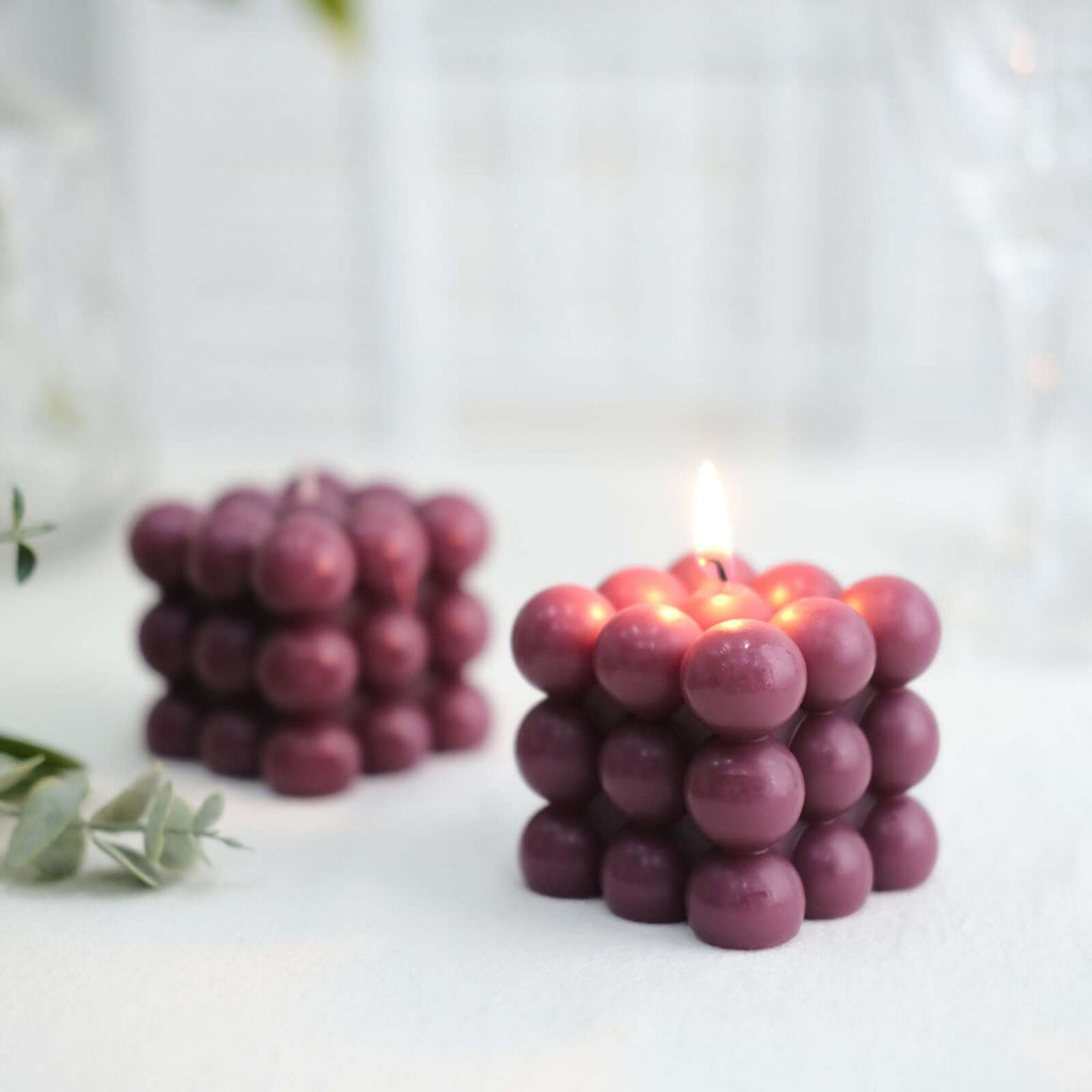 2 - Pack Decorative Paraffin Wax Candles Bubble Cube Design Burgundy - Unscented Long Burning Pillar Candle Set 2" - Bell Racket Store