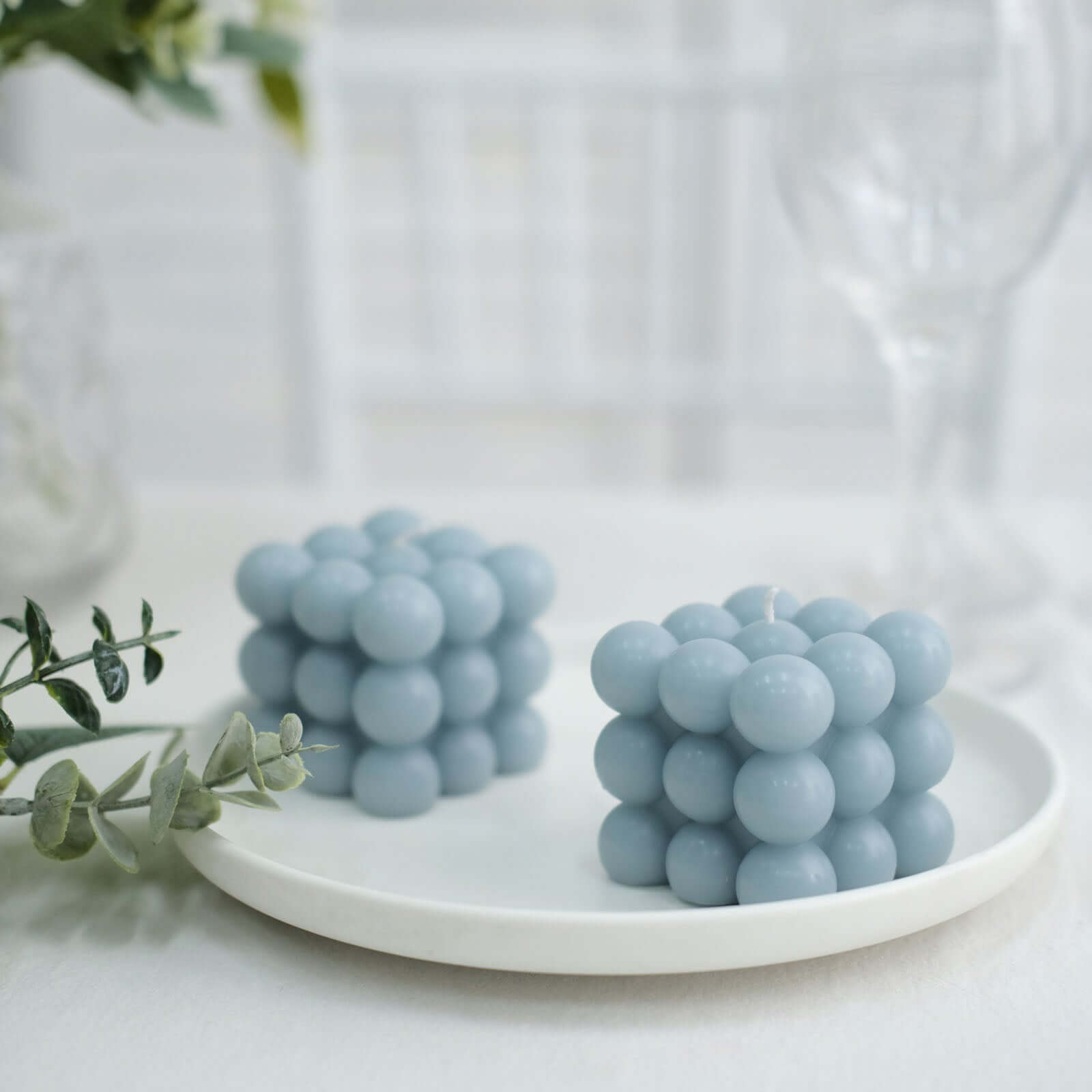 2 - Pack Decorative Paraffin Wax Candles Bubble Cube Design Dusty Blue - Unscented Long Burning Pillar Candle Set 2" - Bell Racket Store