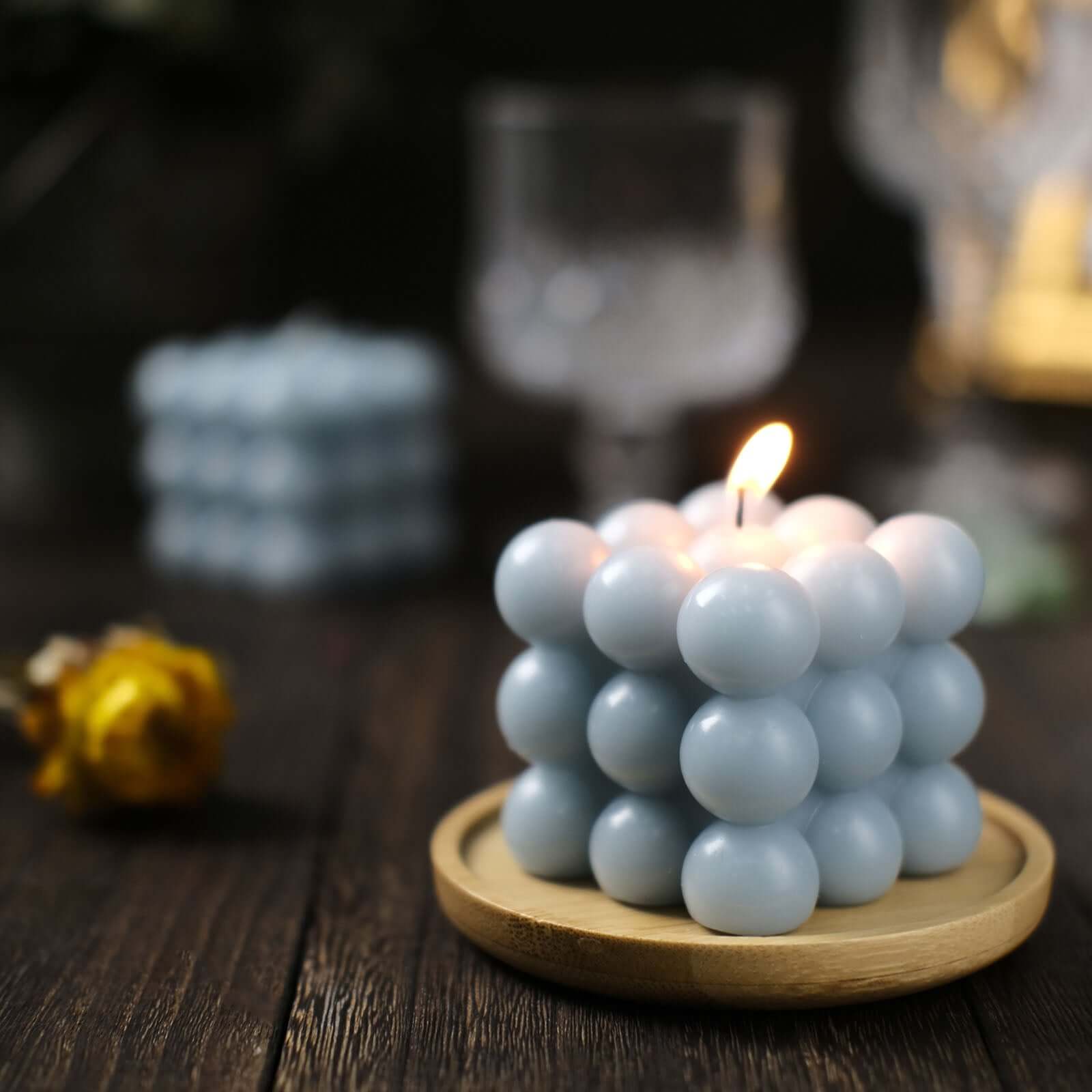 2 - Pack Decorative Paraffin Wax Candles Bubble Cube Design Dusty Blue - Unscented Long Burning Pillar Candle Set 2" - Bell Racket Store