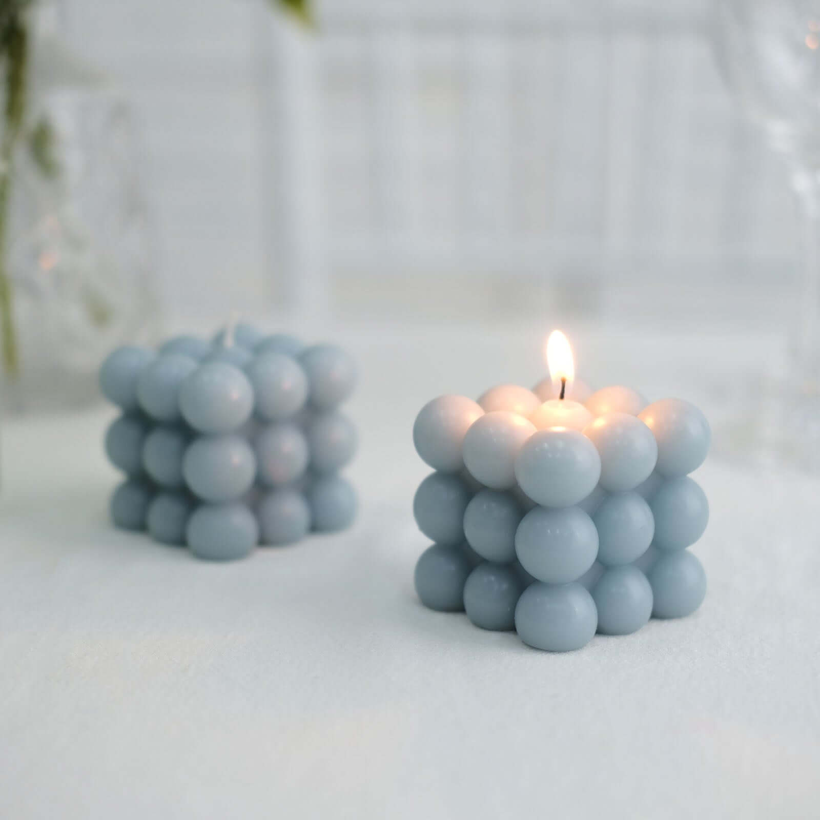 2 - Pack Decorative Paraffin Wax Candles Bubble Cube Design Dusty Blue - Unscented Long Burning Pillar Candle Set 2" - Bell Racket Store