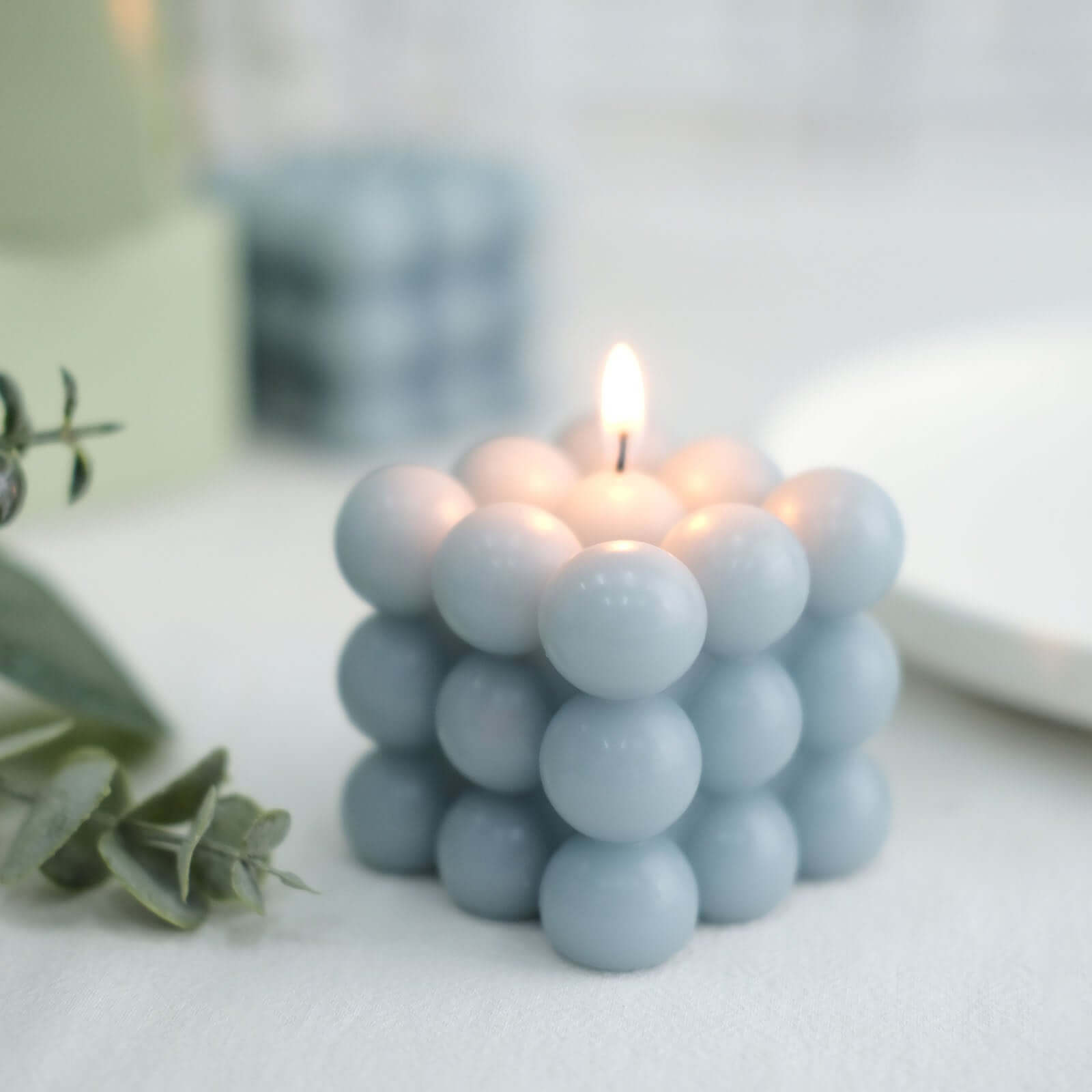 2 - Pack Decorative Paraffin Wax Candles Bubble Cube Design Dusty Blue - Unscented Long Burning Pillar Candle Set 2" - Bell Racket Store