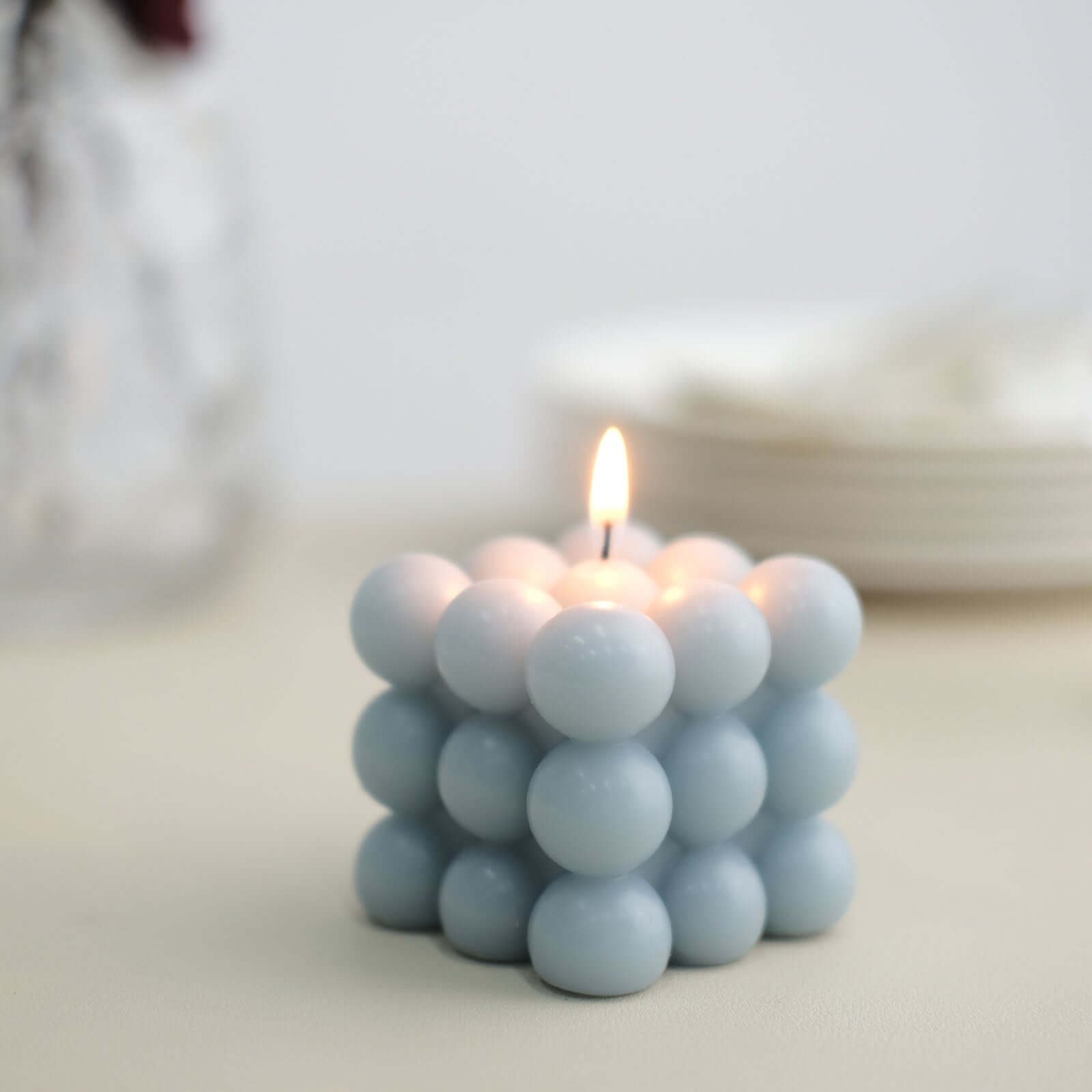 2 - Pack Decorative Paraffin Wax Candles Bubble Cube Design Dusty Blue - Unscented Long Burning Pillar Candle Set 2" - Bell Racket Store