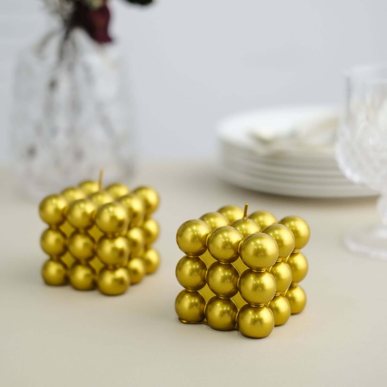 2 - Pack Decorative Paraffin Wax Candles Bubble Cube Design Metallic Gold - Unscented Long Burning Pillar Candle Set 2" - Bell Racket Store