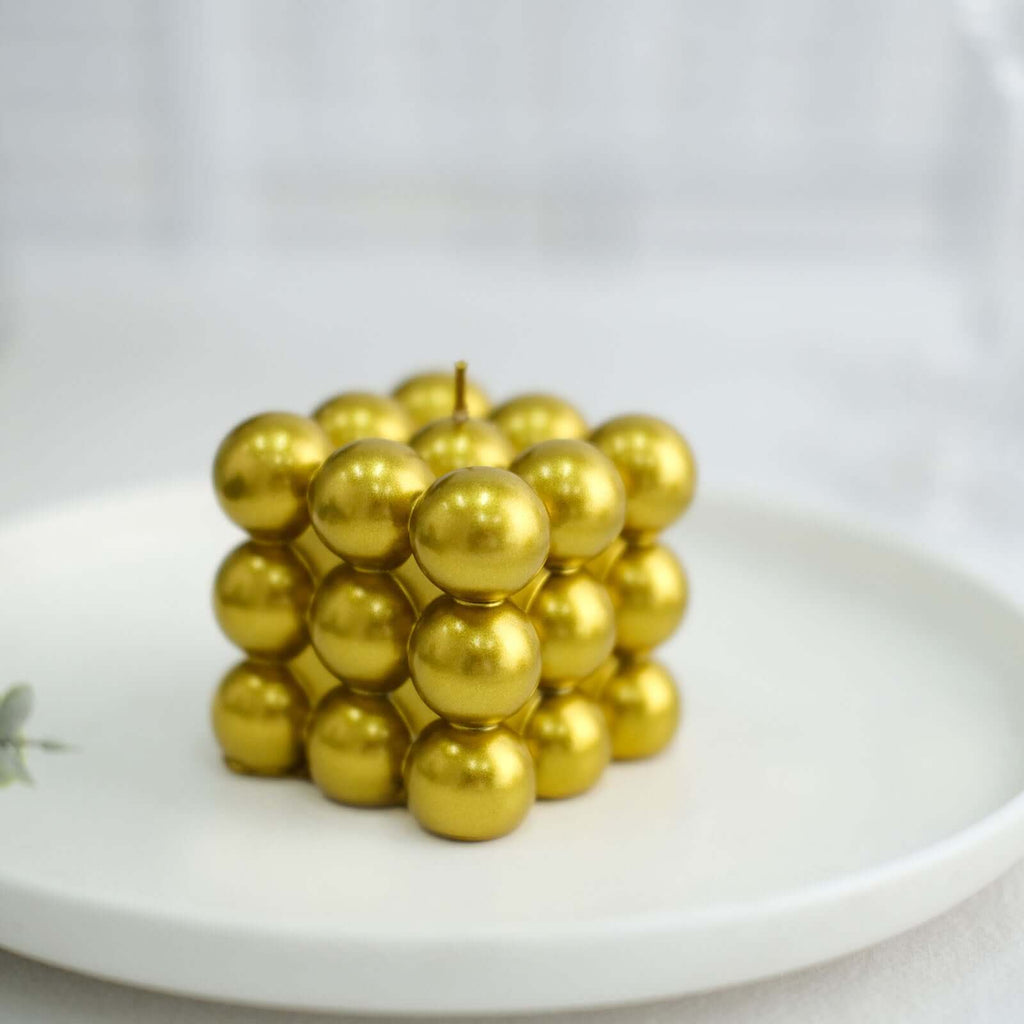 2 - Pack Decorative Paraffin Wax Candles Bubble Cube Design Metallic Gold - Unscented Long Burning Pillar Candle Set 2" - Bell Racket Store