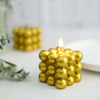 2 - Pack Decorative Paraffin Wax Candles Bubble Cube Design Metallic Gold - Unscented Long Burning Pillar Candle Set 2" - Bell Racket Store