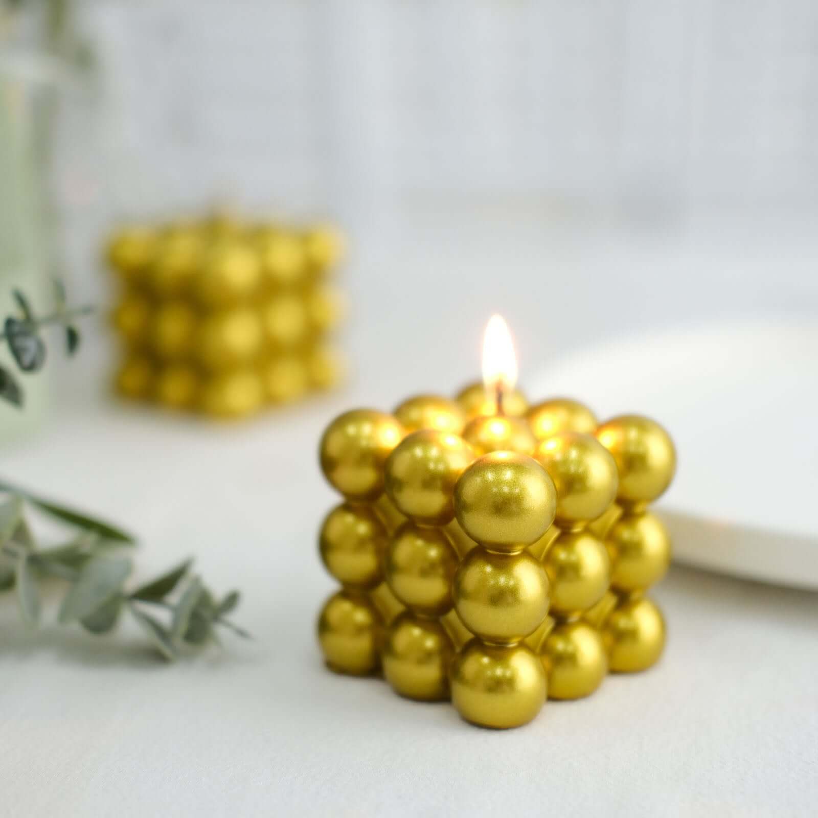 2 - Pack Decorative Paraffin Wax Candles Bubble Cube Design Metallic Gold - Unscented Long Burning Pillar Candle Set 2" - Bell Racket Store