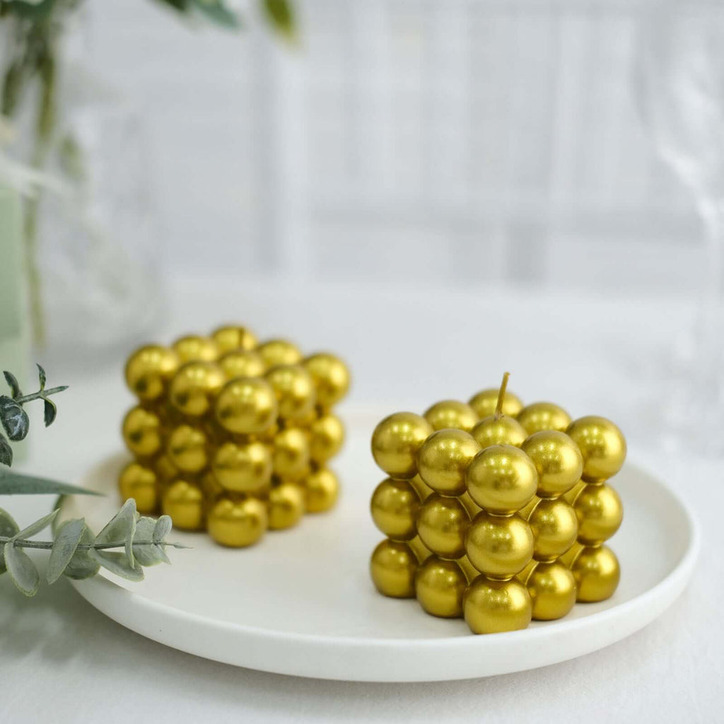 2 - Pack Decorative Paraffin Wax Candles Bubble Cube Design Metallic Gold - Unscented Long Burning Pillar Candle Set 2" - Bell Racket Store