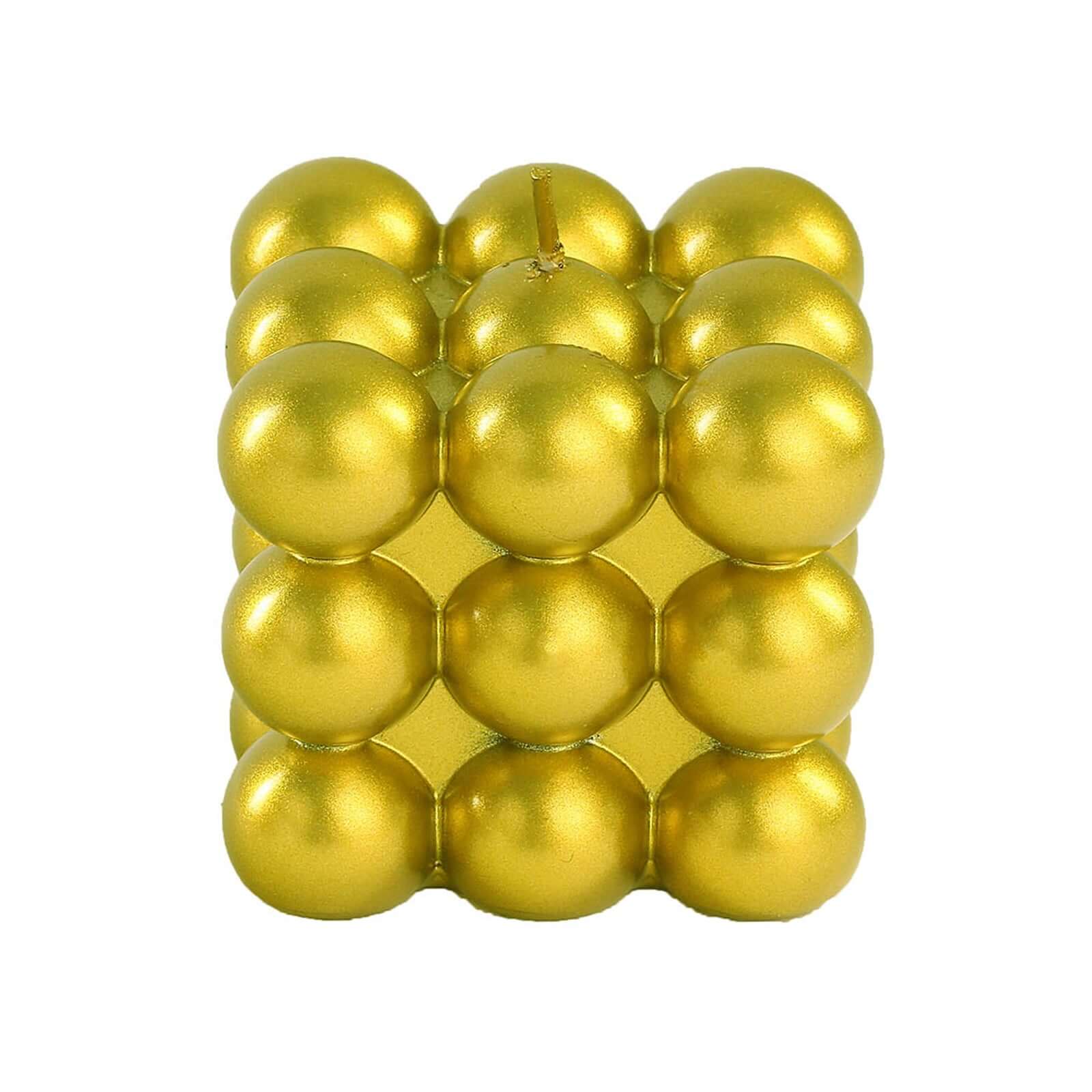 2 - Pack Decorative Paraffin Wax Candles Bubble Cube Design Metallic Gold - Unscented Long Burning Pillar Candle Set 2" - Bell Racket Store