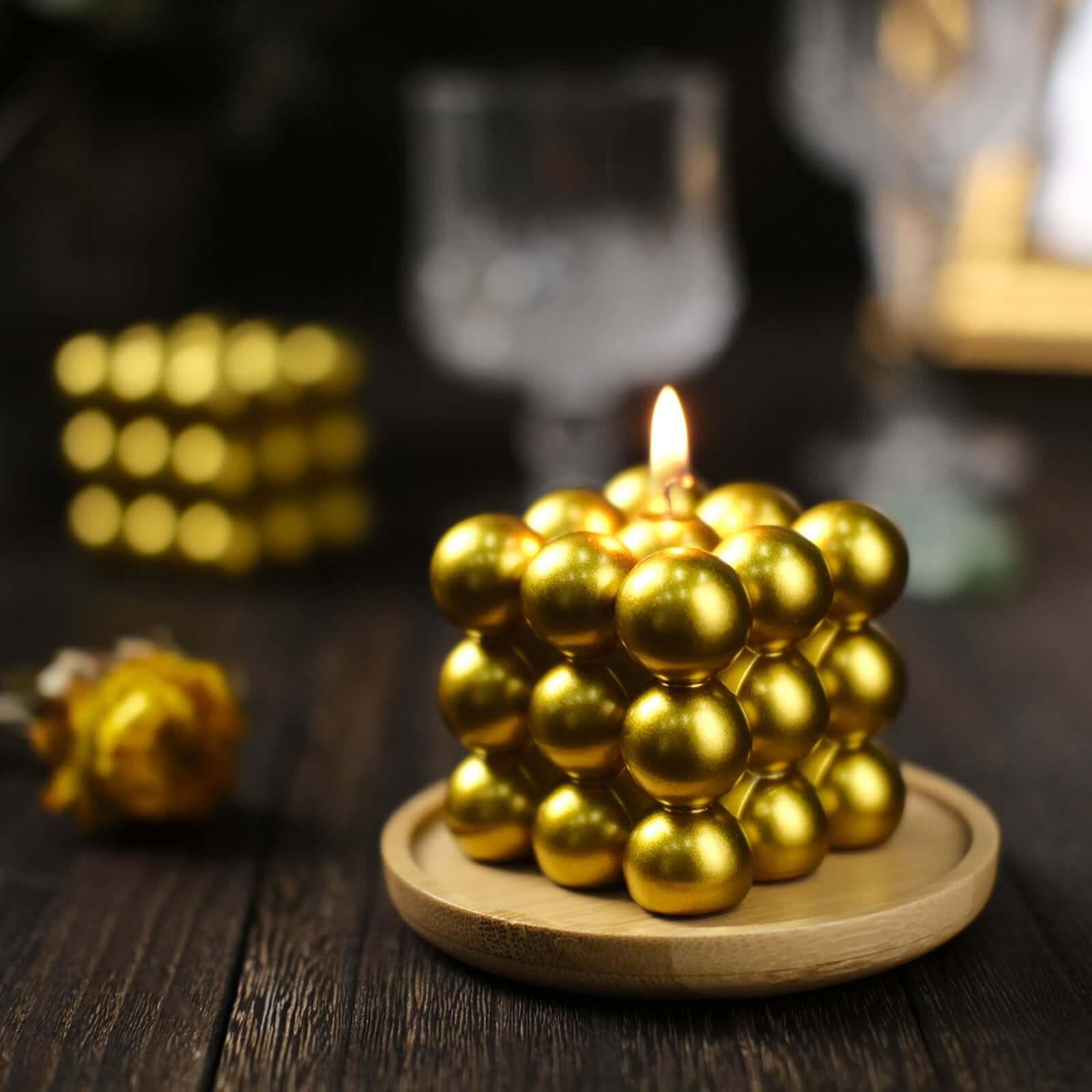 2 - Pack Decorative Paraffin Wax Candles Bubble Cube Design Metallic Gold - Unscented Long Burning Pillar Candle Set 2" - Bell Racket Store