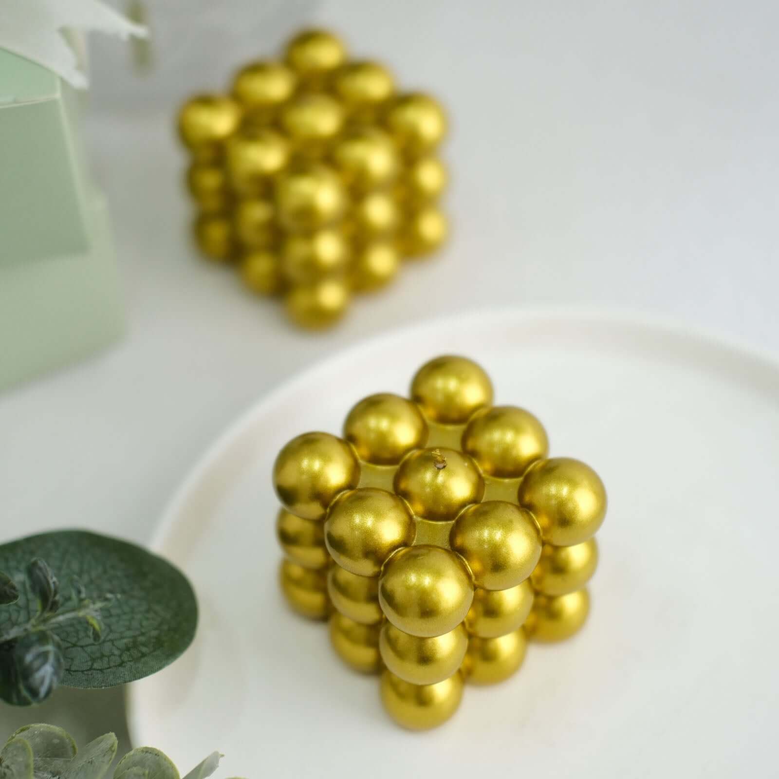 2 - Pack Decorative Paraffin Wax Candles Bubble Cube Design Metallic Gold - Unscented Long Burning Pillar Candle Set 2" - Bell Racket Store