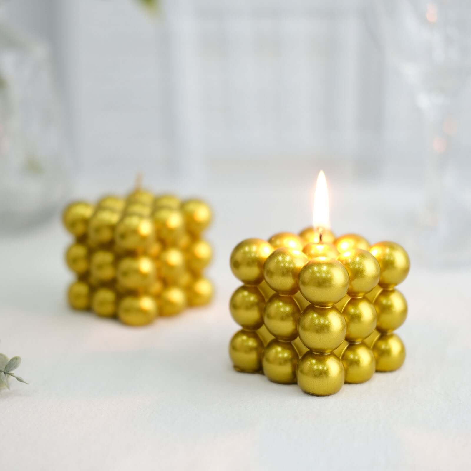 2 - Pack Decorative Paraffin Wax Candles Bubble Cube Design Metallic Gold - Unscented Long Burning Pillar Candle Set 2" - Bell Racket Store