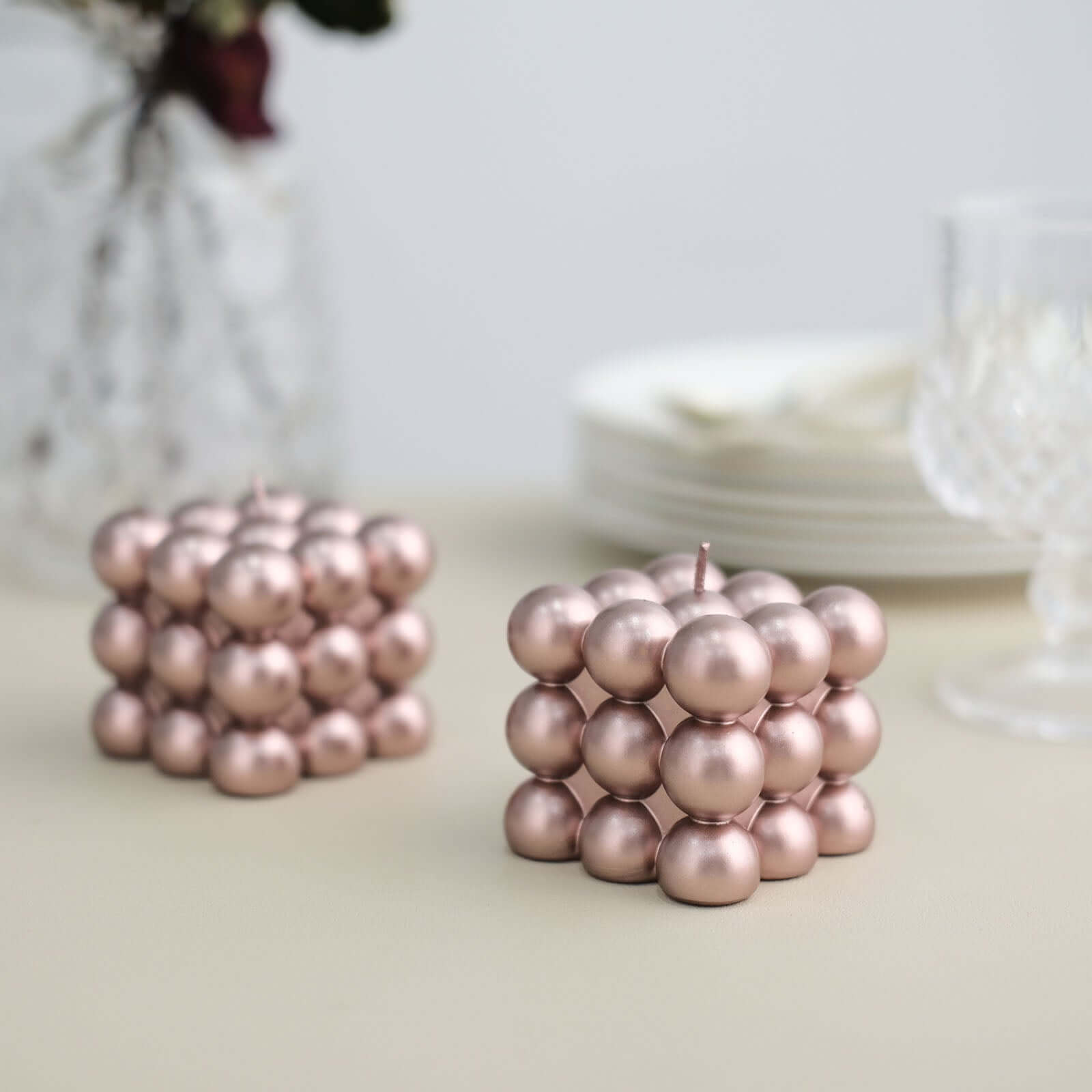 2 - Pack Decorative Paraffin Wax Candles Bubble Cube Design Metallic Rose Gold - Unscented Long Burning Pillar Candle Set 2" - Bell Racket Store