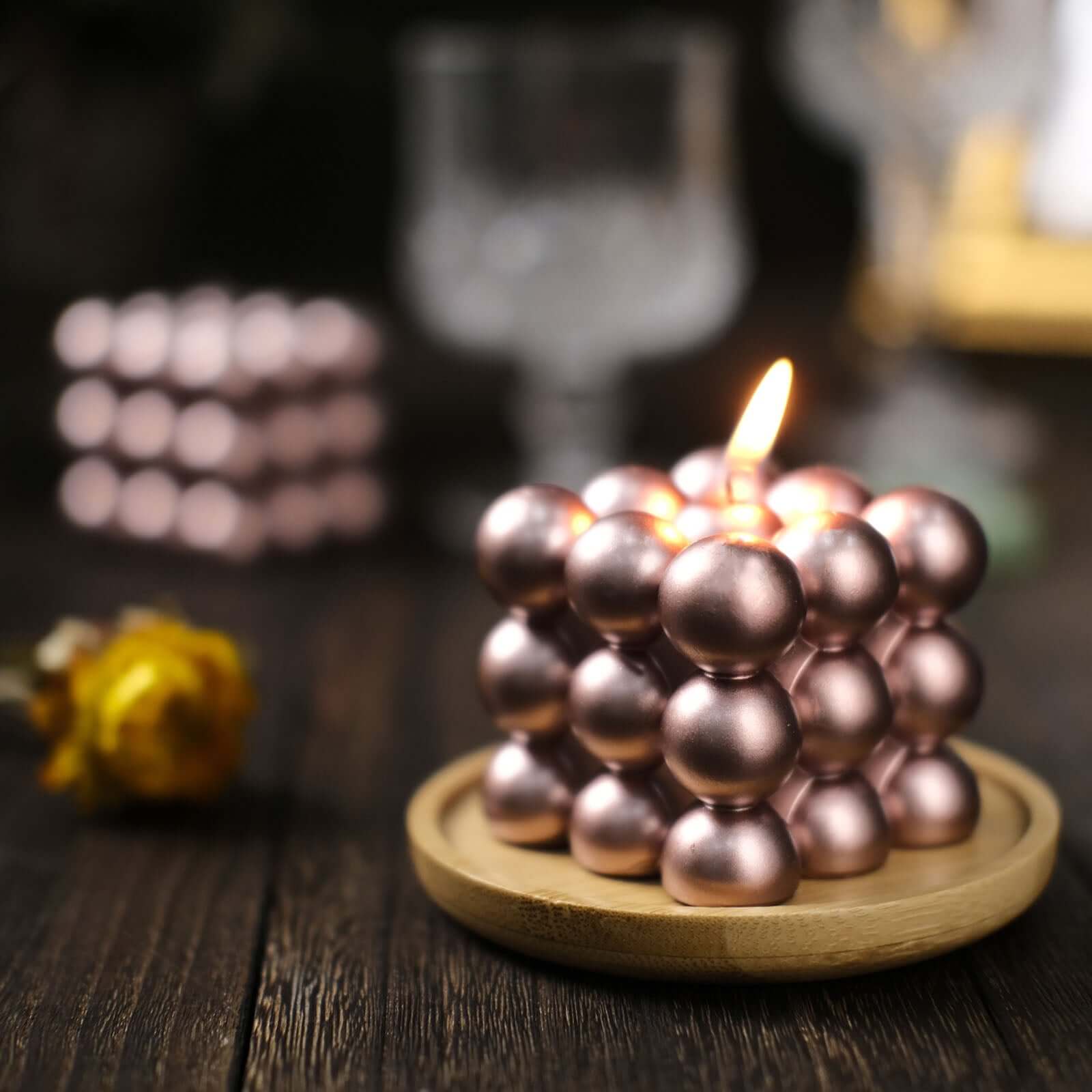 2 - Pack Decorative Paraffin Wax Candles Bubble Cube Design Metallic Rose Gold - Unscented Long Burning Pillar Candle Set 2" - Bell Racket Store
