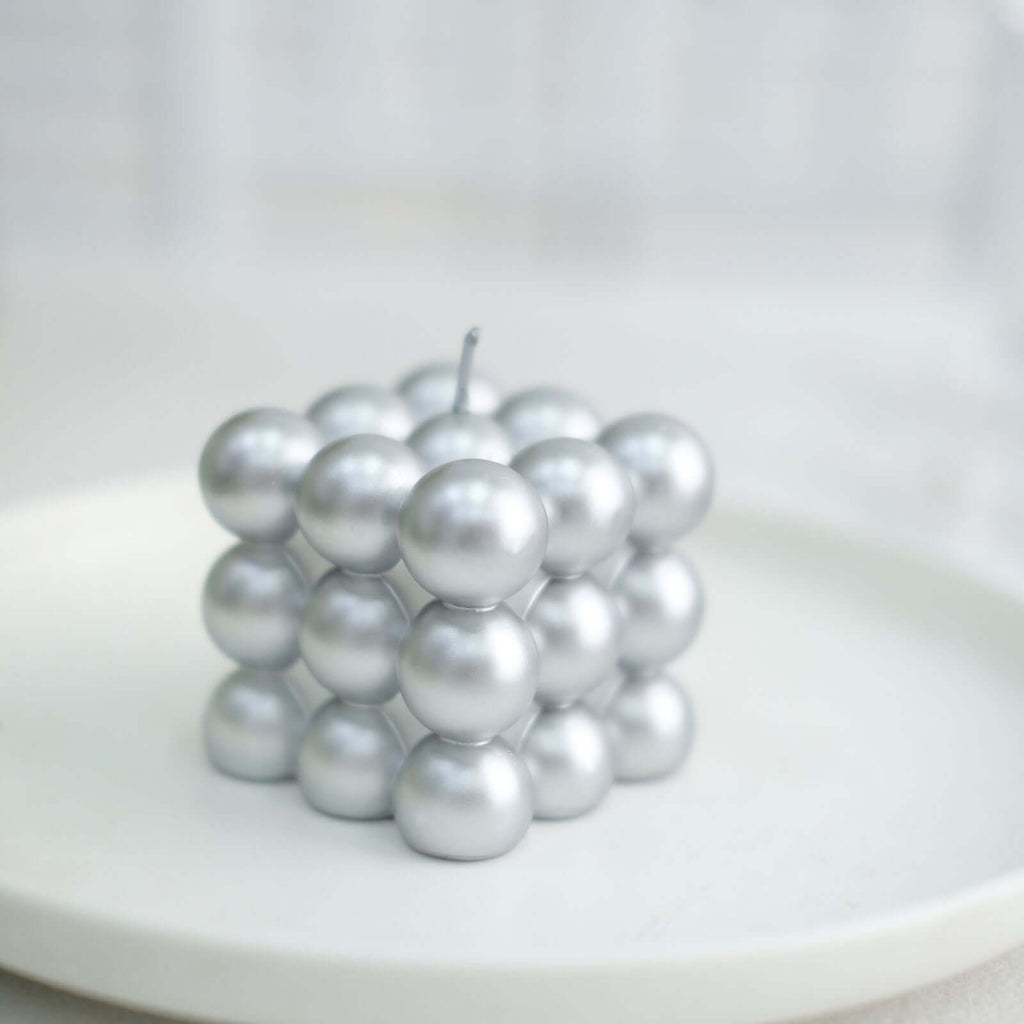 2 - Pack Decorative Paraffin Wax Candles Bubble Cube Design Metallic Silver - Unscented Long Burning Pillar Candle Set 2" - Bell Racket Store