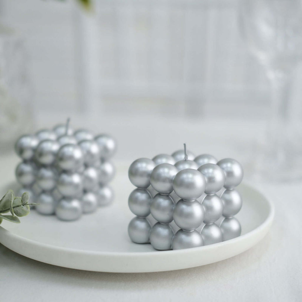 2 - Pack Decorative Paraffin Wax Candles Bubble Cube Design Metallic Silver - Unscented Long Burning Pillar Candle Set 2" - Bell Racket Store