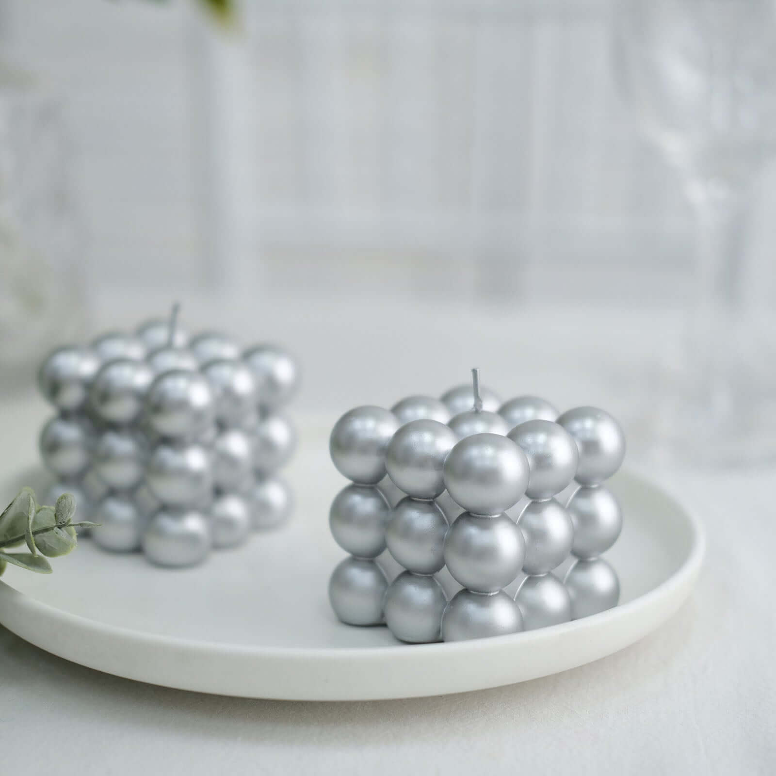 2 - Pack Decorative Paraffin Wax Candles Bubble Cube Design Metallic Silver - Unscented Long Burning Pillar Candle Set 2" - Bell Racket Store