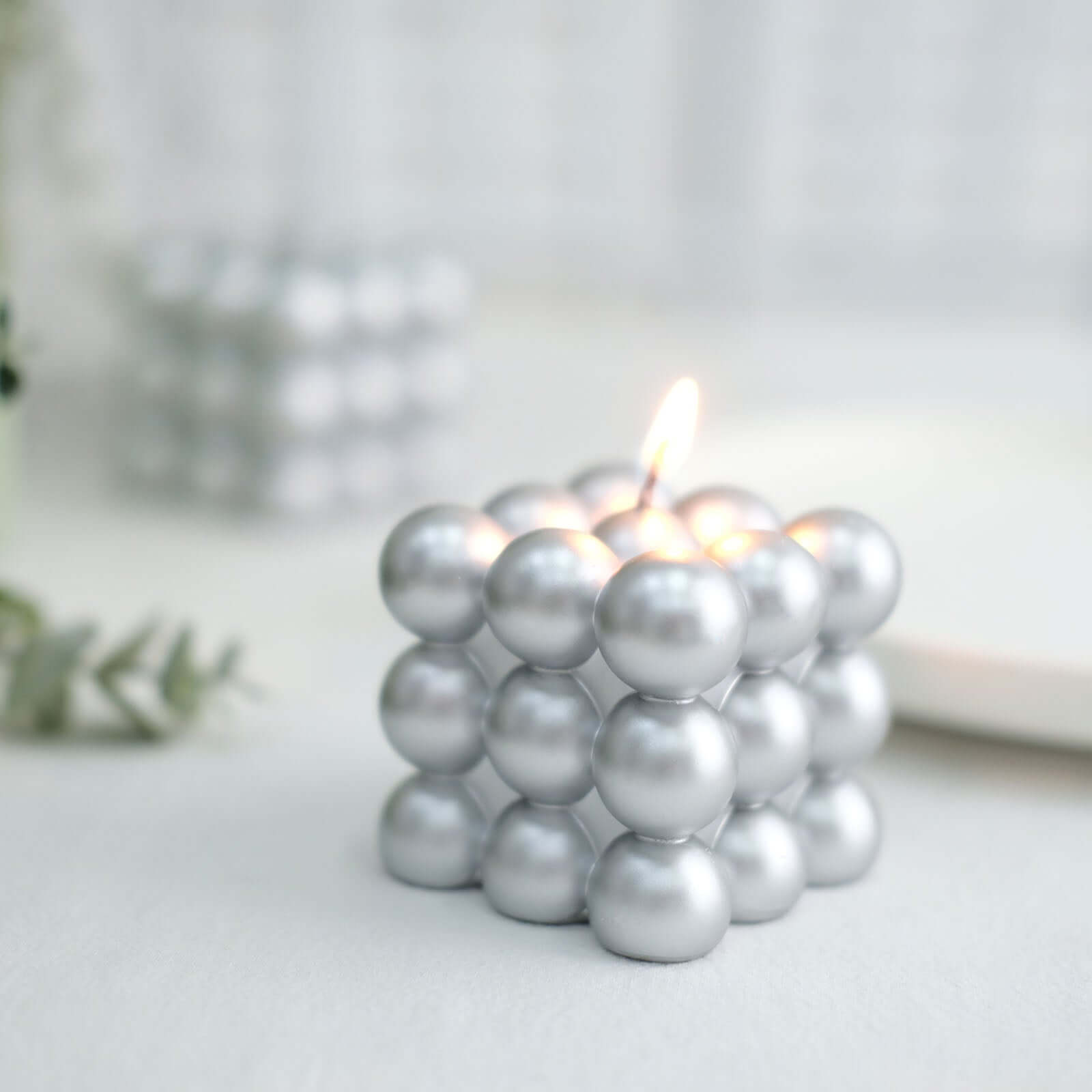 2 - Pack Decorative Paraffin Wax Candles Bubble Cube Design Metallic Silver - Unscented Long Burning Pillar Candle Set 2" - Bell Racket Store