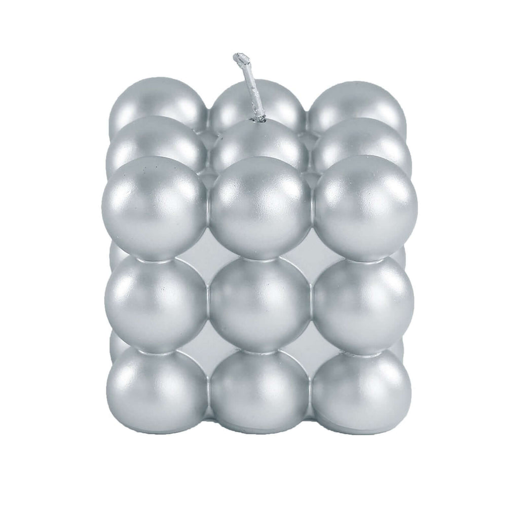 2 - Pack Decorative Paraffin Wax Candles Bubble Cube Design Metallic Silver - Unscented Long Burning Pillar Candle Set 2" - Bell Racket Store