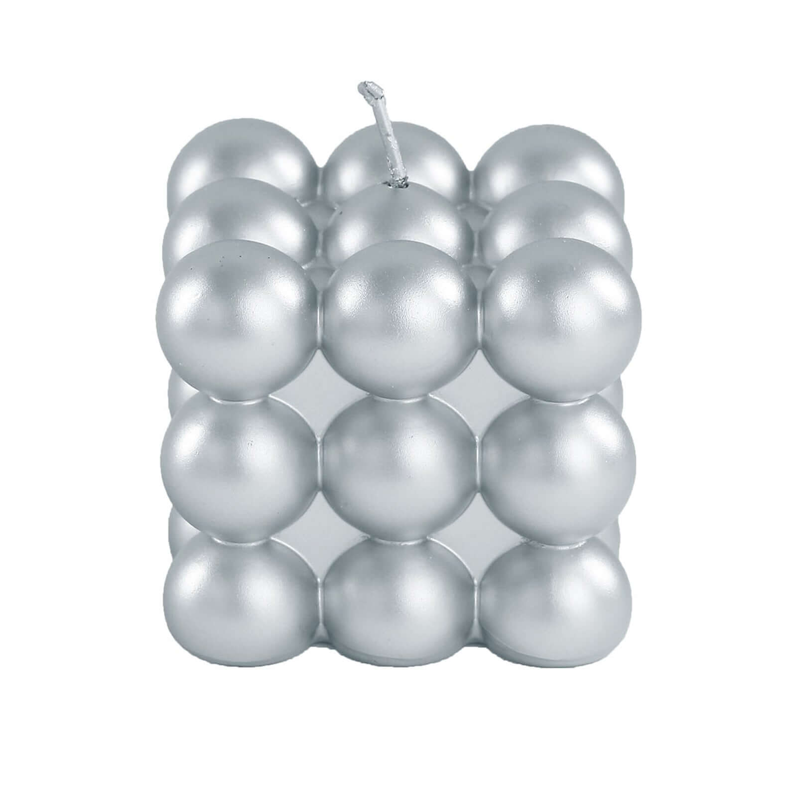 2 - Pack Decorative Paraffin Wax Candles Bubble Cube Design Metallic Silver - Unscented Long Burning Pillar Candle Set 2" - Bell Racket Store