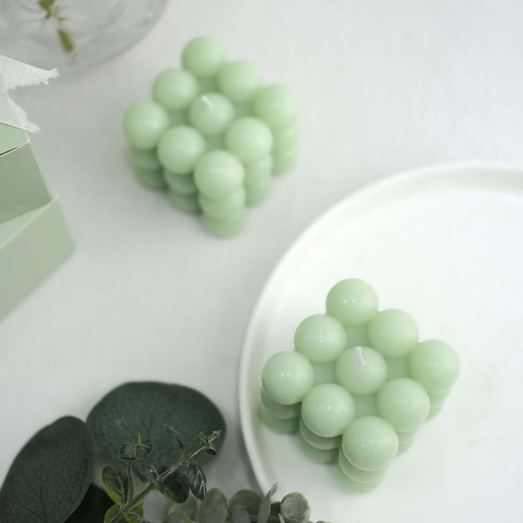 2 - Pack Decorative Paraffin Wax Candles Bubble Cube Design Sage Green - Unscented Long Burning Pillar Candle Set 2" - Bell Racket Store