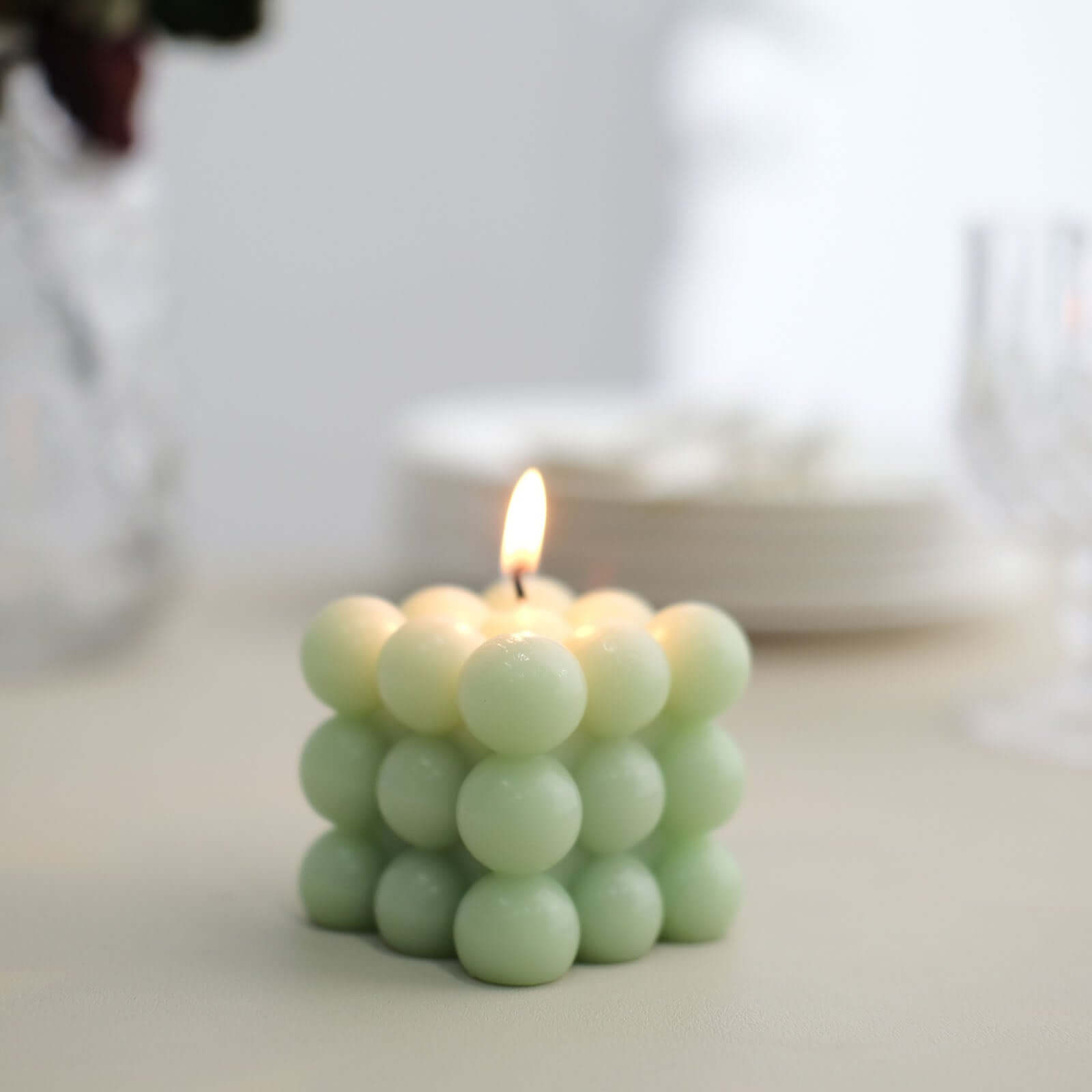 2 - Pack Decorative Paraffin Wax Candles Bubble Cube Design Sage Green - Unscented Long Burning Pillar Candle Set 2" - Bell Racket Store