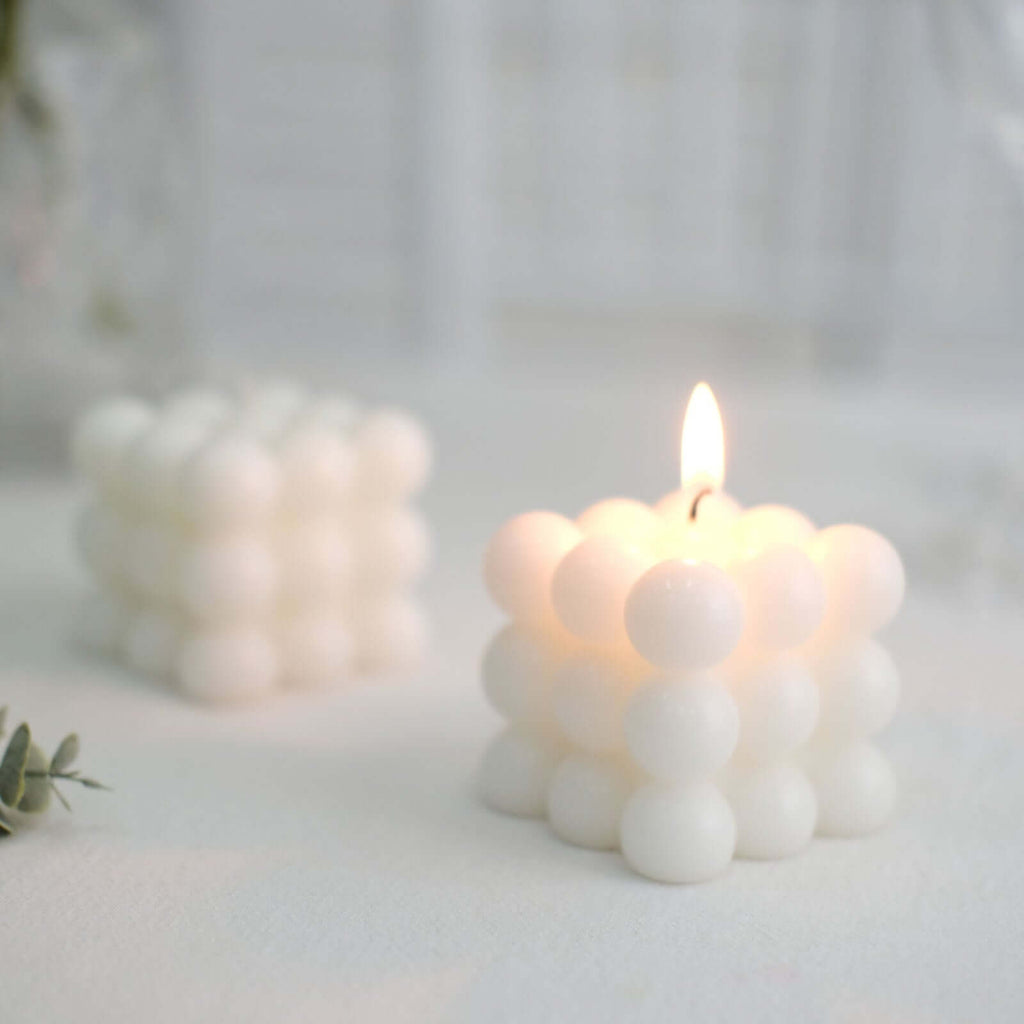 2 - Pack Decorative Paraffin Wax Candles Bubble Cube Design White - Unscented Long Burning Pillar Candle Set 2" - Bell Racket Store