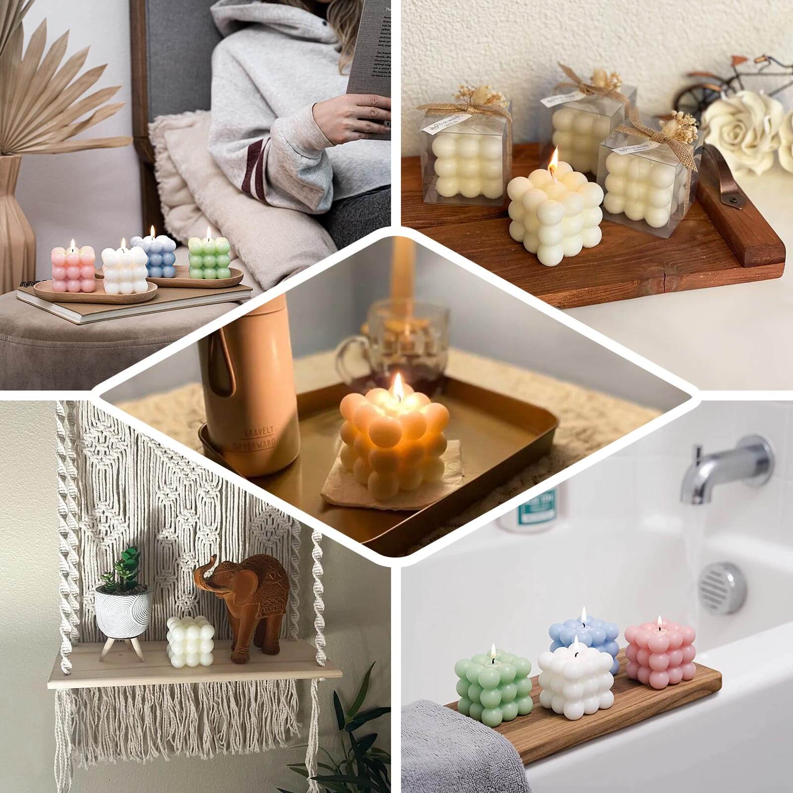 2 - Pack Decorative Paraffin Wax Candles Bubble Cube Design White - Unscented Long Burning Pillar Candle Set 2" - Bell Racket Store