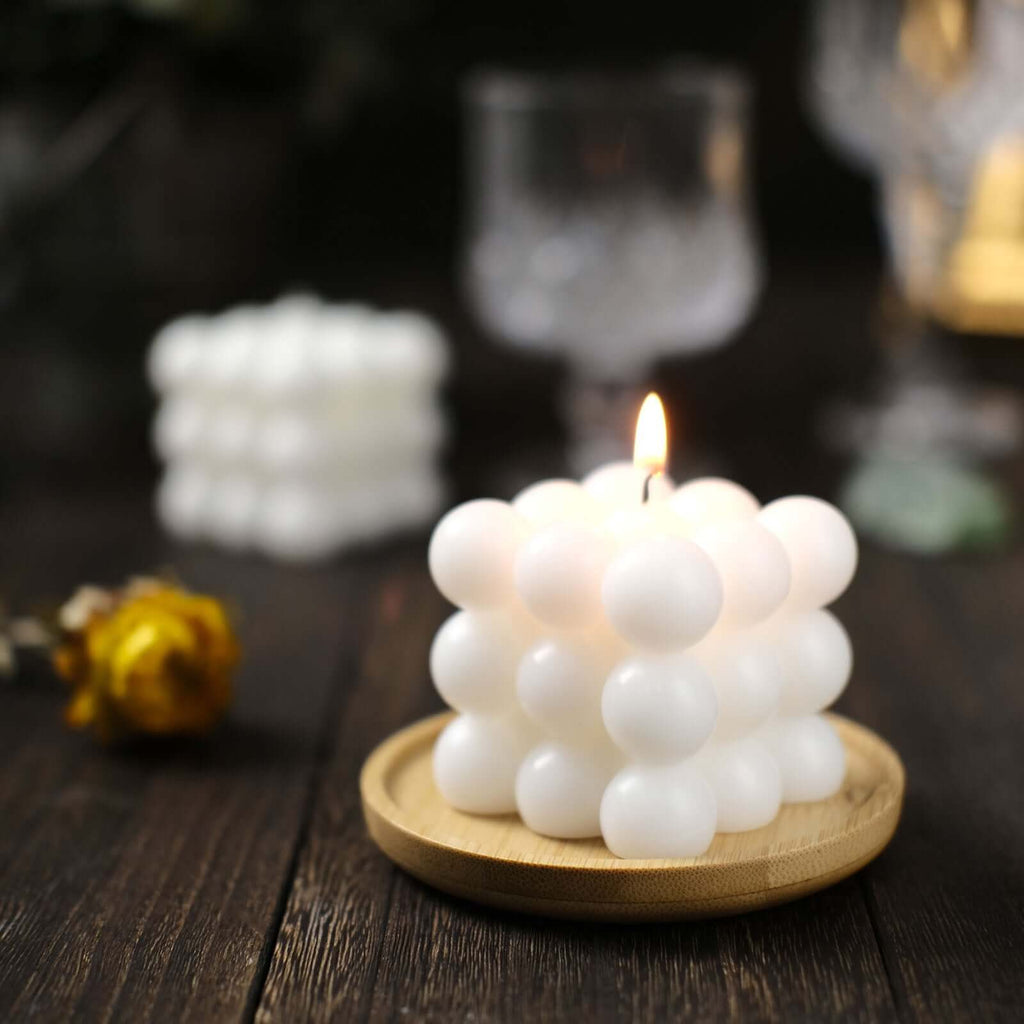 2 - Pack Decorative Paraffin Wax Candles Bubble Cube Design White - Unscented Long Burning Pillar Candle Set 2" - Bell Racket Store
