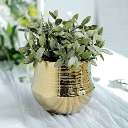 2 - Pack Flower Plant Pots Textured Round Design Metallic Gold - Ceramic Cylindrical Bell Shaped Planters 6" - Bell Racket Store