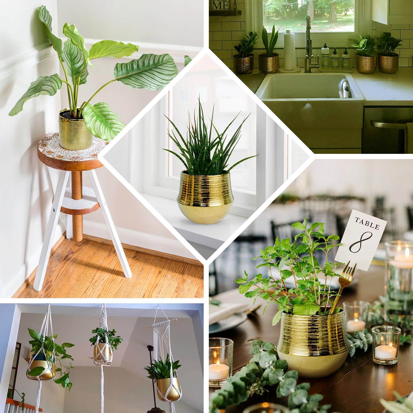 2 - Pack Flower Plant Pots Textured Round Design Metallic Gold - Ceramic Cylindrical Bell Shaped Planters 6" - Bell Racket Store