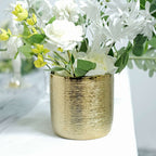 2 - Pack Flower Plant Pots Textured Round Design Metallic Gold - Ceramic Cylindrical Indoor Planters 5" - Bell Racket Store