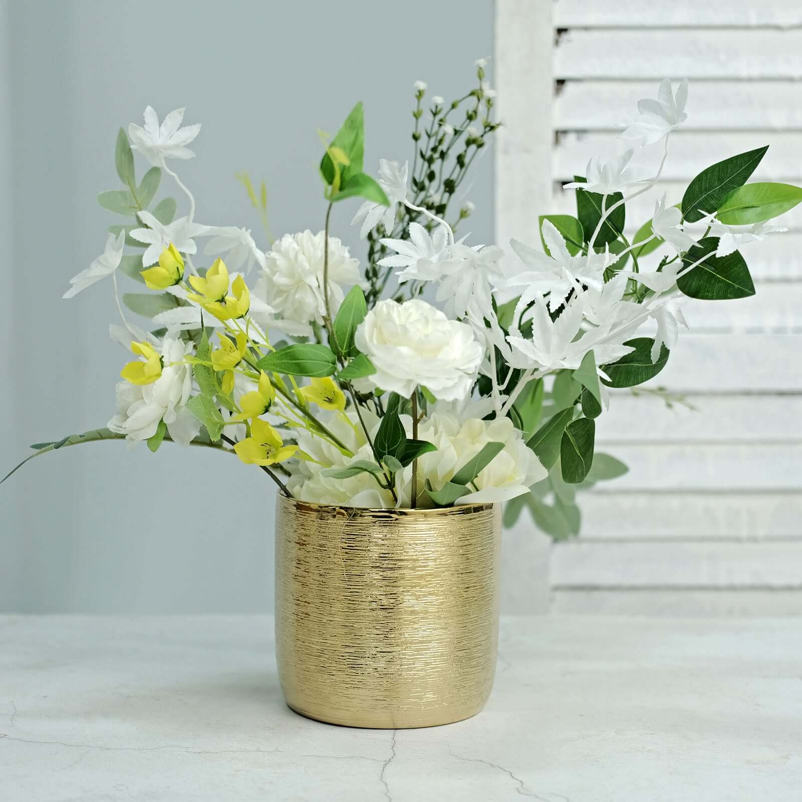 2 - Pack Flower Plant Pots Textured Round Design Metallic Gold - Ceramic Cylindrical Indoor Planters 5" - Bell Racket Store
