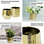 2 - Pack Flower Plant Pots Textured Round Design Metallic Gold - Ceramic Cylindrical Indoor Planters 5" - Bell Racket Store