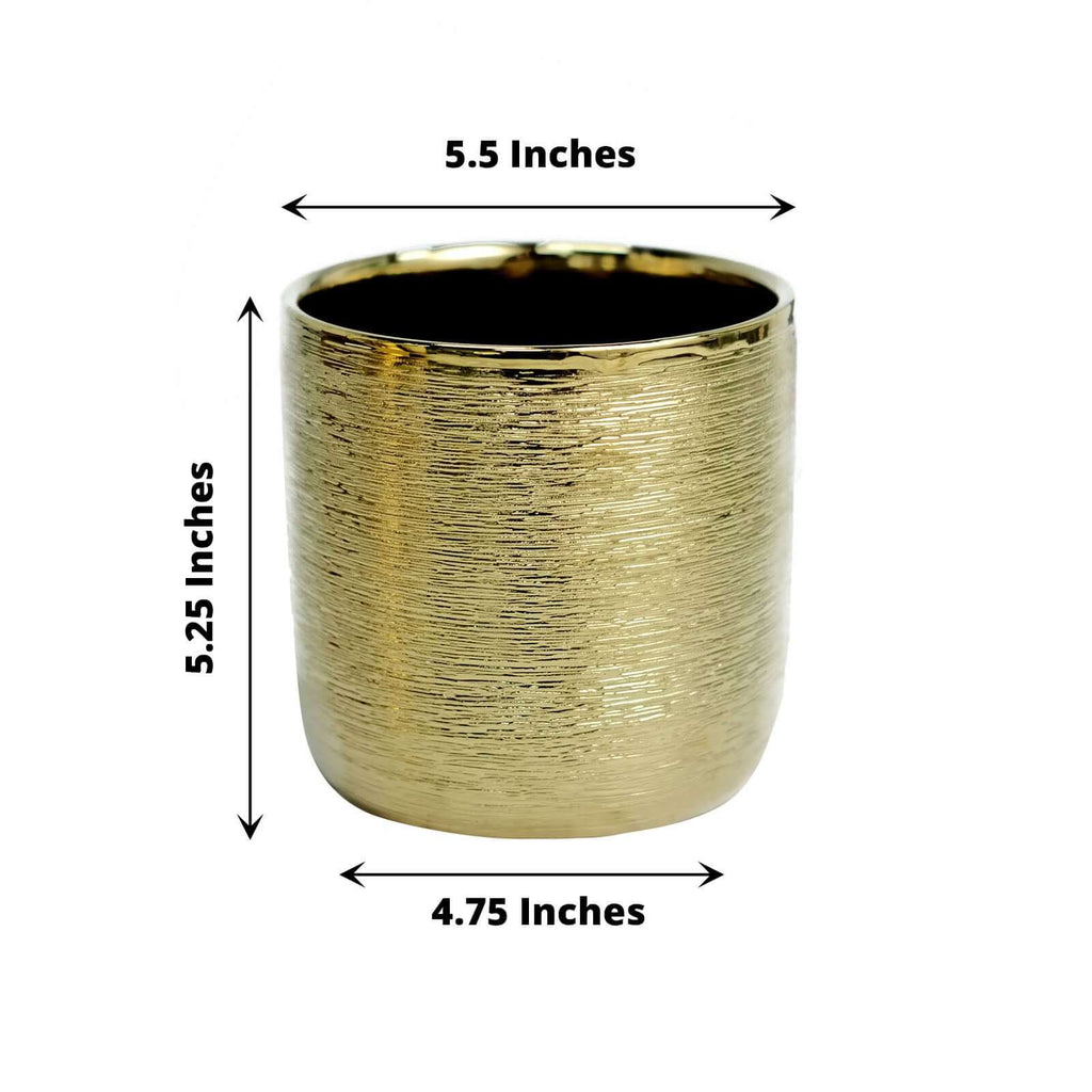 2 - Pack Flower Plant Pots Textured Round Design Metallic Gold - Ceramic Cylindrical Indoor Planters 5" - Bell Racket Store