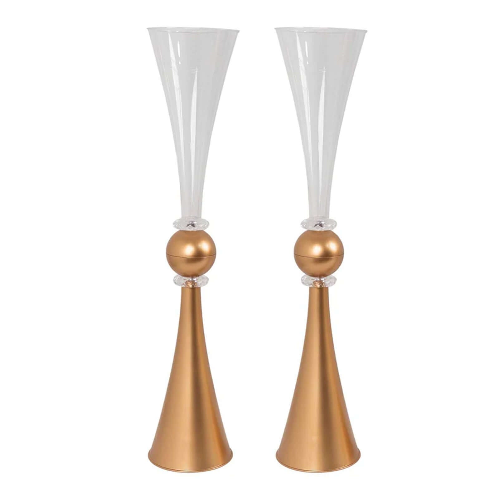 2 - Pack Flower Vases Trumpet Design with Crystal Embellishments Clear and Gold - Reversible Plastic Centerpieces for Events 27" - Bell Racket Store
