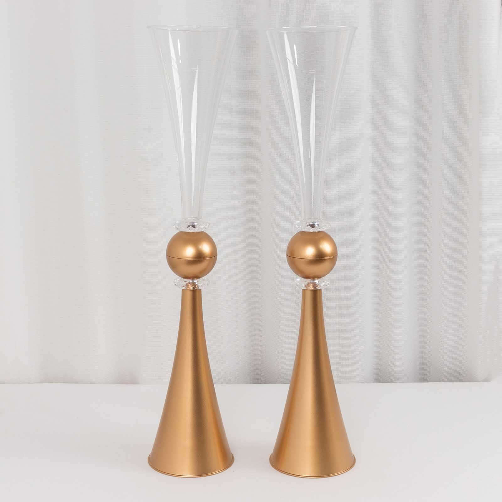 2 - Pack Flower Vases Trumpet Design with Crystal Embellishments Clear and Gold - Reversible Plastic Centerpieces for Events 27" - Bell Racket Store