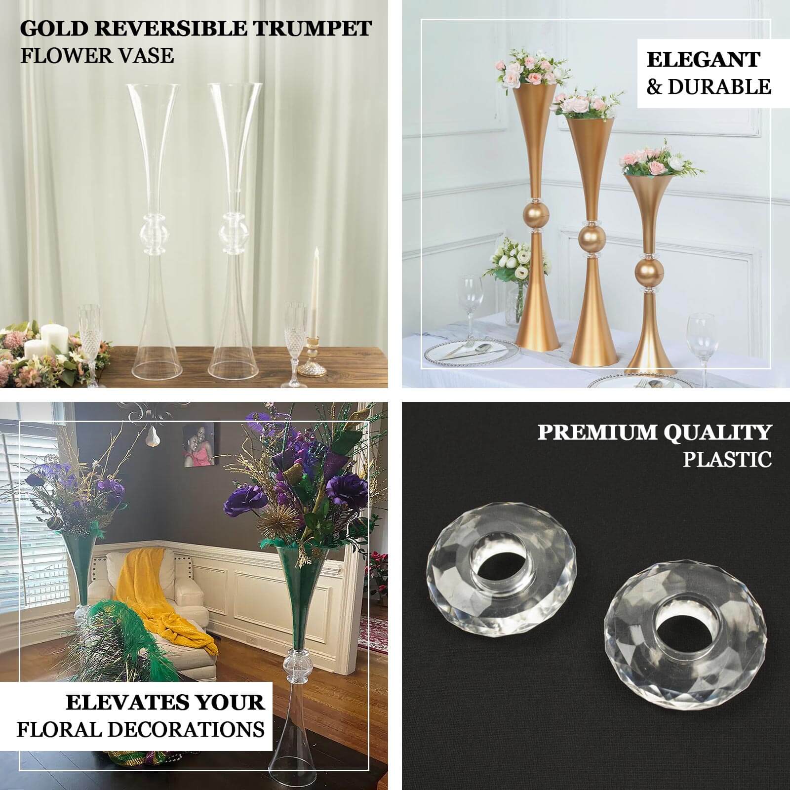2 - Pack Flower Vases Trumpet Design with Crystal Embellishments Clear and Gold - Reversible Plastic Centerpieces for Events 27" - Bell Racket Store