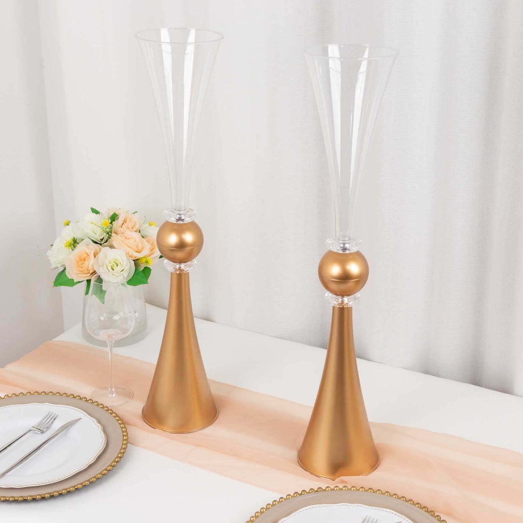 2 - Pack Flower Vases Trumpet Design with Crystal Embellishments Clear and Gold - Reversible Plastic Centerpieces for Events 27" - Bell Racket Store