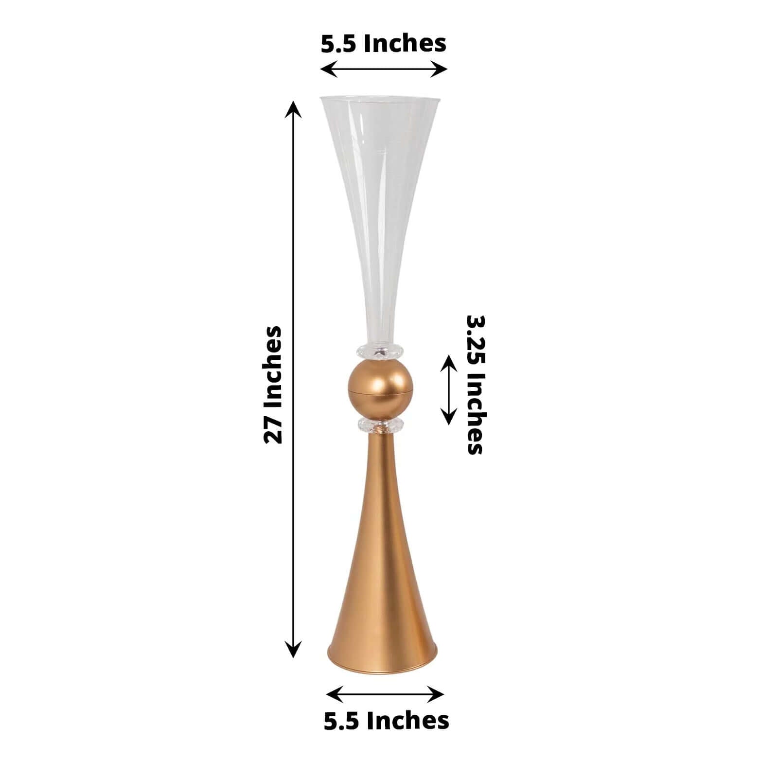 2 - Pack Flower Vases Trumpet Design with Crystal Embellishments Clear and Gold - Reversible Plastic Centerpieces for Events 27" - Bell Racket Store